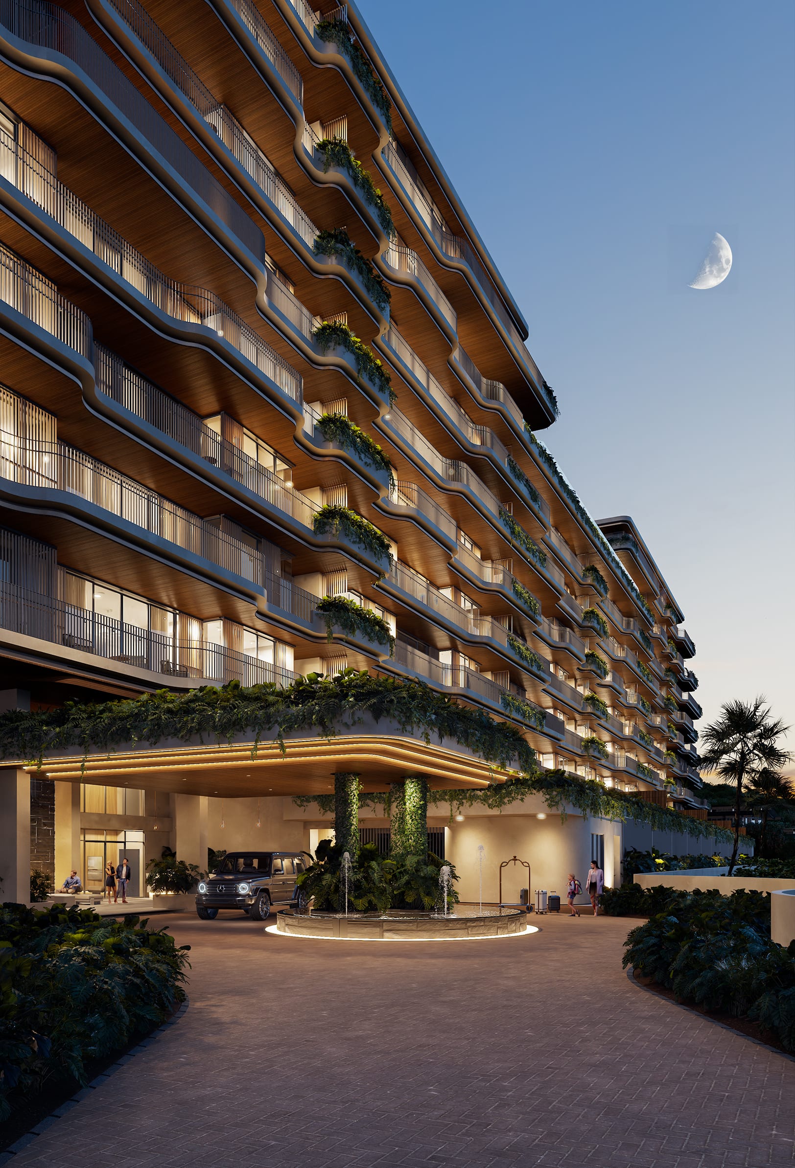Resort arrival drop-off and porte-cochère at Maravé