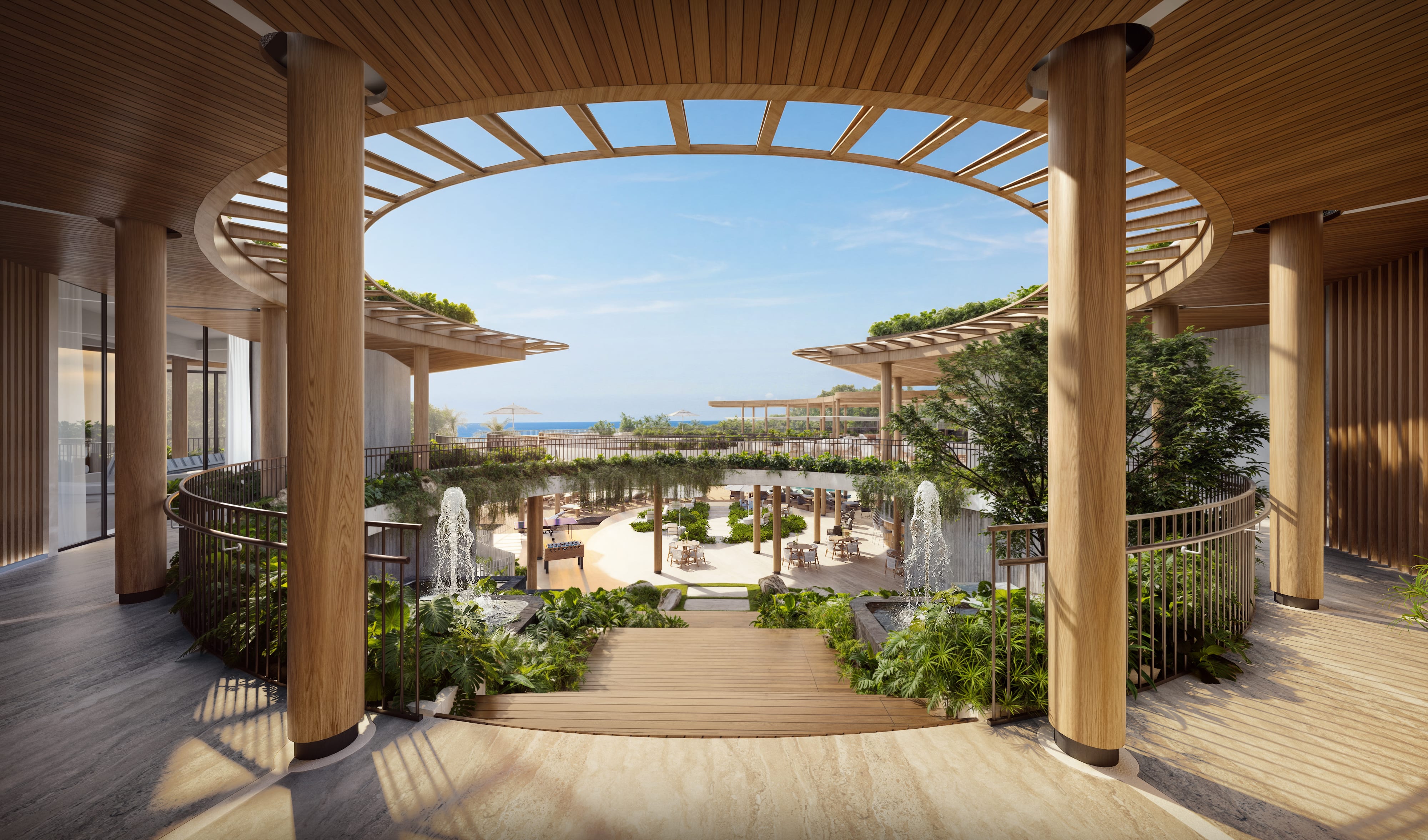 Beach club yard and oceanfront lounge at Maravé